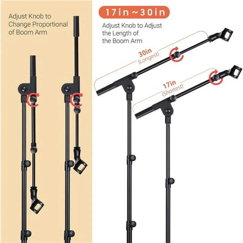 Microphone Stand Boom Arm Floor Mic Stands Tripod Foldable with 2 Mic Clip